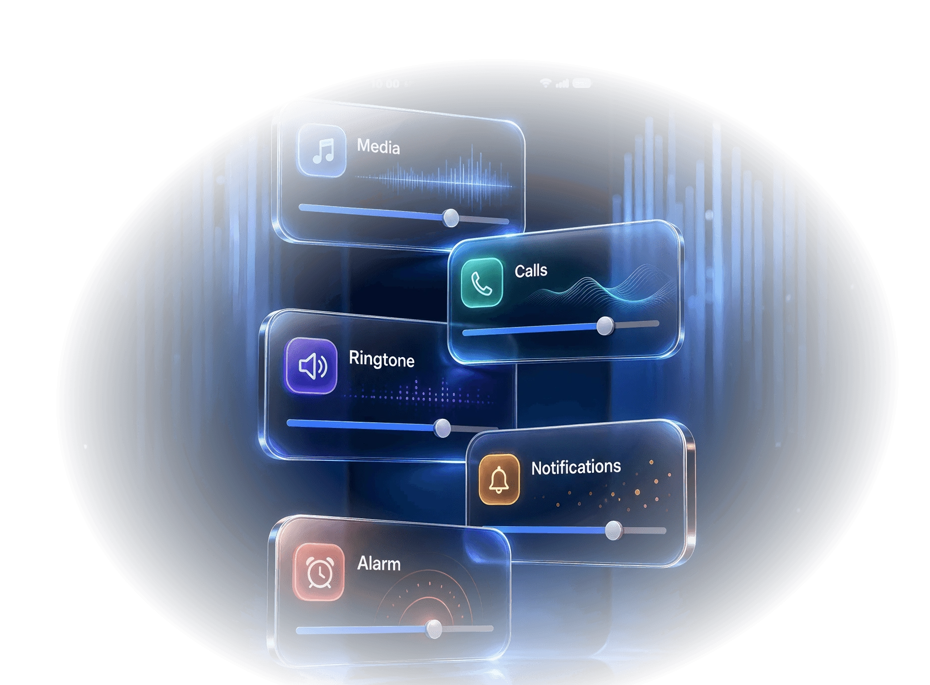 Floating glass cards with independent sliders for media, calls, ringtone, notifications, and alarm volume