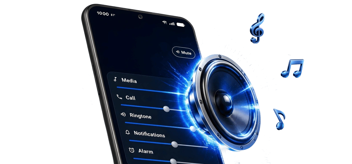 A phone surrounded by floating music and sound icons, fully customized audio