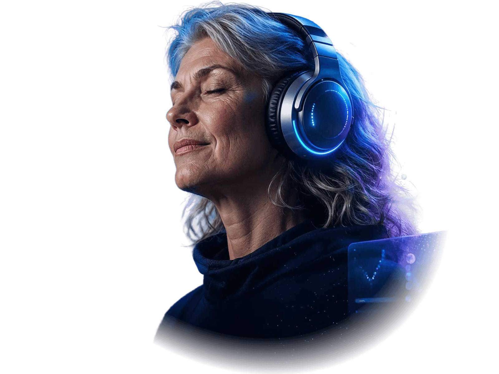 A woman relaxing with glowing headphones, listening to boosted audio